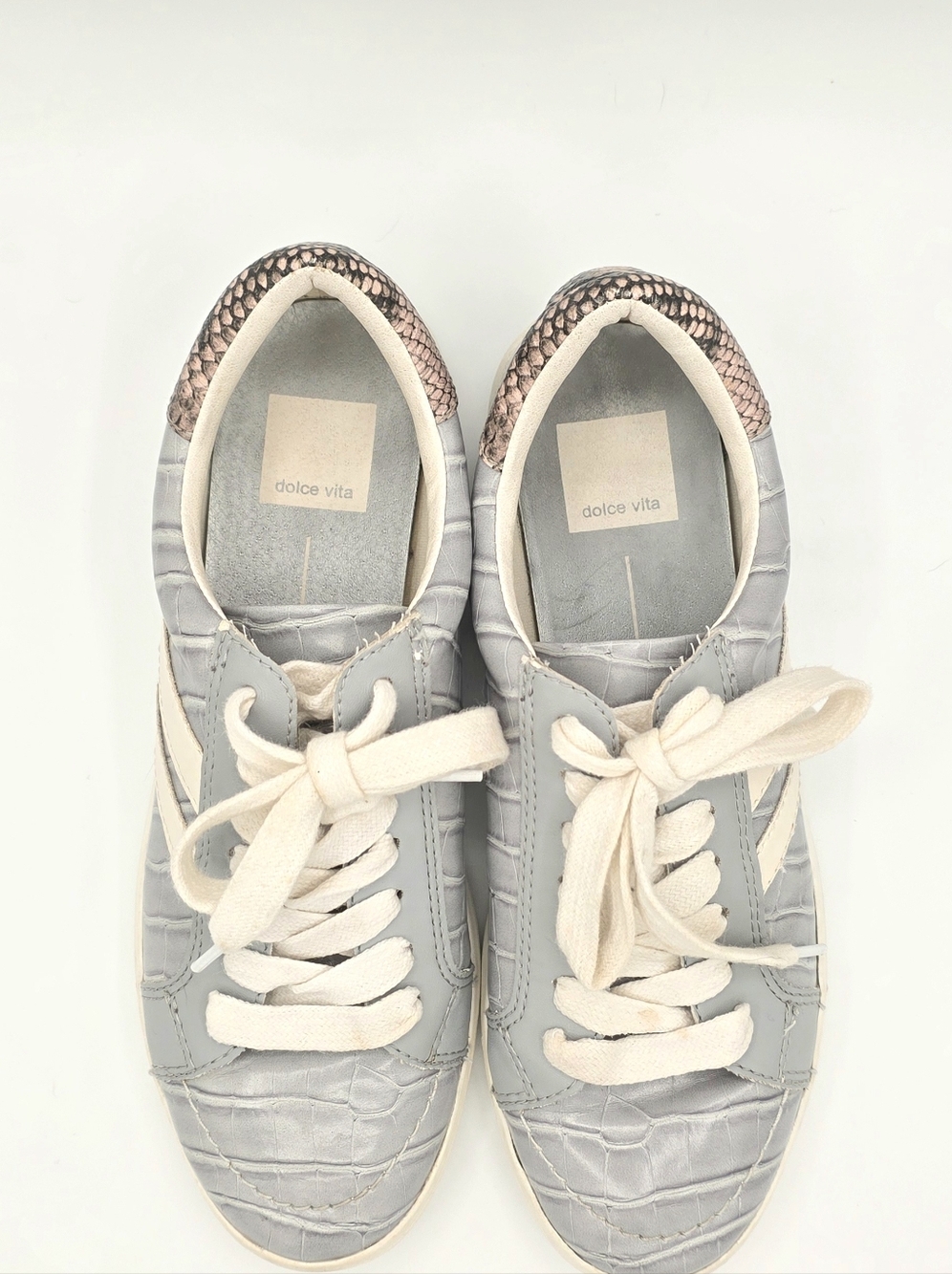 Dolce Vita Niel Gray Sneakers with Pink Snake-Print Heel Accent - Picture 3 of 9